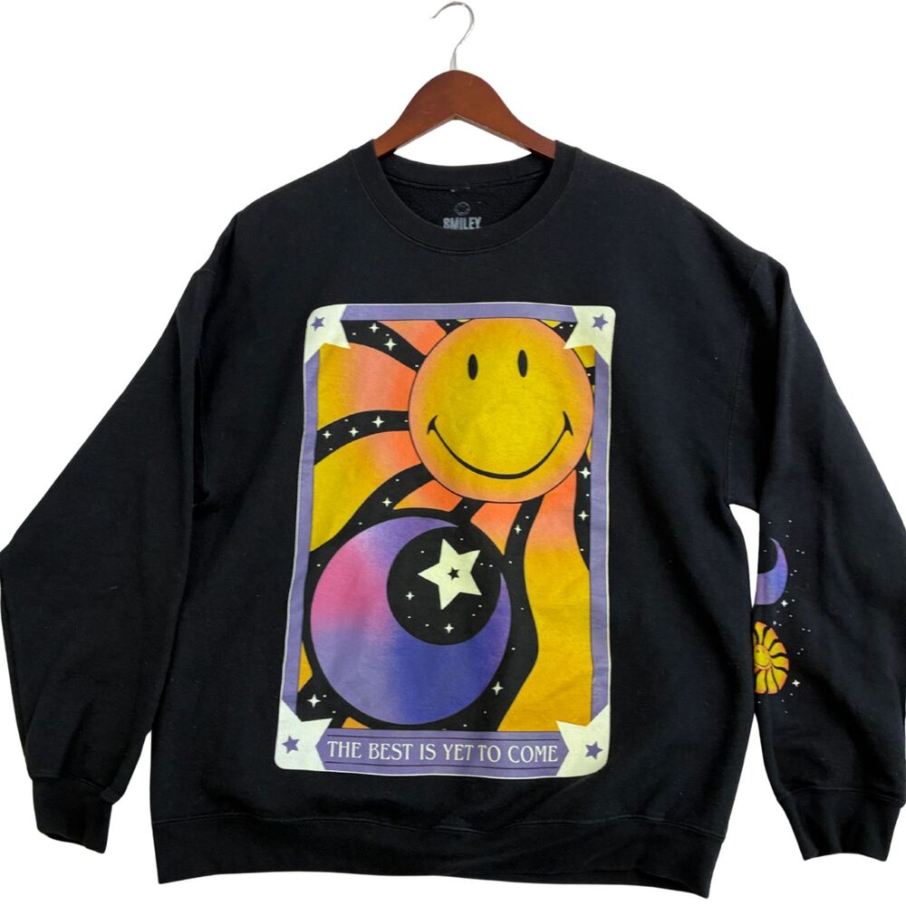 Smiley Originals Sweatshirt Black Celestial Sun Moon Graphic Crewneck Pullover
